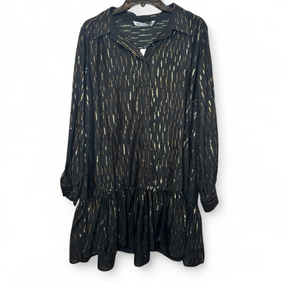NWT ZARA Women’s Black and Gold Metallic Shirt Dress Size XL - Picture 2 of 10